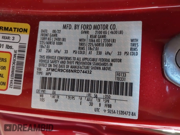 2022 Ford Bronco Sport Outer Banks with VIN 3FMCR9C68NRD74432, listed as a IAAI auction lot 42507901 with 45,557 mi miles and . Bid and sale history available at DreamBid. Image 9.