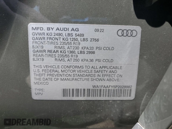 2023 Audi Q5 S line Prestige с VIN WA1FAAFY5P2029982, выставлен на аукционе Copart как лот 58247295 с пробегом 30 930 миль миль и Списание • Salvage title. История ставок и продаж доступна на DreamBid. Изображение 14.