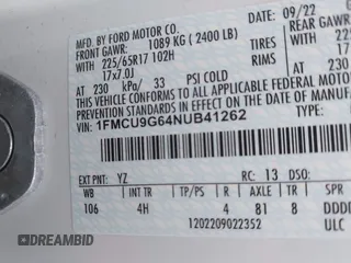 2022 Ford Escape SE with VIN 1FMCU9G64NUB41262, listed as a IAAI auction lot 42267922 with 64,173 mi miles and . Bid and sale history available at DreamBid. Image 9.