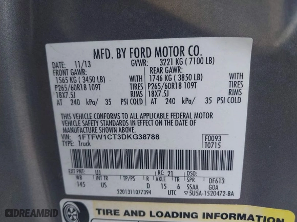 2013 Ford F-150 XL with VIN 1FTFW1CT3DKG38788, listed as a IAAI auction lot 42030091 with 158,213 mi miles. Bid and sale history available at carsss.com. Image 9.