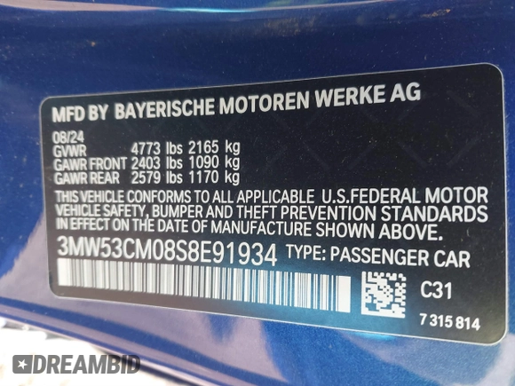 2025 BMW 2 Series M240i xDrive with VIN 3MW53CM08S8E91934, listed as a IAAI auction lot 41315308 with 1 mi miles. Bid and sale history available at carsss.com. Image 9.