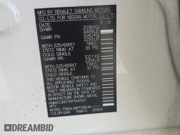 2017 Nissan Rogue SV with VIN KNMAT2MT7HP514507, listed as a Copart auction lot 51180695 with 97,025 mi miles and Salvage Title. Bid and sale history available at carsss.com. Image 14.