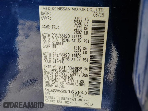 2019 Nissan Murano SL with VIN 5N1AZ2MS5KN165643, listed as a Copart auction lot 46440014 with 34,867 mi miles and Salvage Title. Bid and sale history available at DreamBid. Image 13.