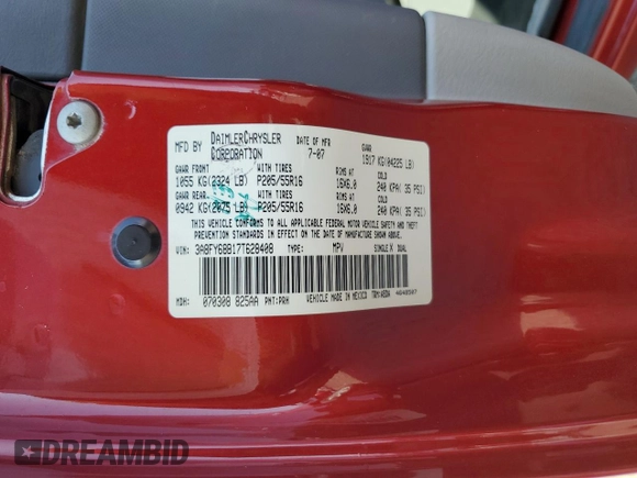 2007 Chrysler PT Cruiser Limited z VIN 3A8FY68B17T628408, wystawiony jako Copart lot #70013324 z przebiegiem 80 687 mil mil oraz Szkoda całkowita • Salvage title. Historia ofert i sprzedaży dostępna na DreamBid. Obrazek 13.
