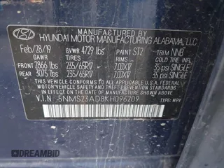 2019 Hyundai Santa Fe SE z VIN 5NMS23AD8KH096209, wystawiony jako IAAI lot #42235035 z przebiegiem 76 543 mil mil oraz . Historia ofert i sprzedaży dostępna na DreamBid. Obrazek 9.