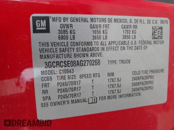 2010 Chevrolet Silverado 1500 LT with VIN 3GCRCSE08AG270268, listed as a IAAI auction lot 41534509 with 175,844 mi miles and . Bid and sale history available at DreamBid. Image 9.