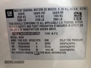 2016 Cadillac SRX Performance Collection with VIN 3GYFNCE32GS508631, listed as a Copart auction lot 60660554 with 92,025 mi miles and Salvage title. Bid and sale history available at DreamBid. Image 15.