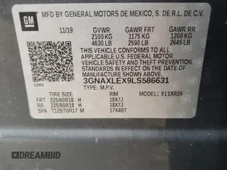 2020 Chevrolet Equinox LT with VIN 3GNAXLEX9LS586631, listed as a Copart auction lot 47949915 with 0 mi miles and Salvage Title. Bid and sale history available at carsss.com. Image 15.