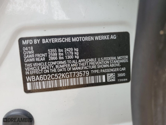 2019 BMW 6 Series 640i xDrive with VIN WBA6D2C52KGT73579, listed as a Copart auction lot 47988833 with 67,296 mi miles. Bid and sale history available at carsss.com. Image 13.
