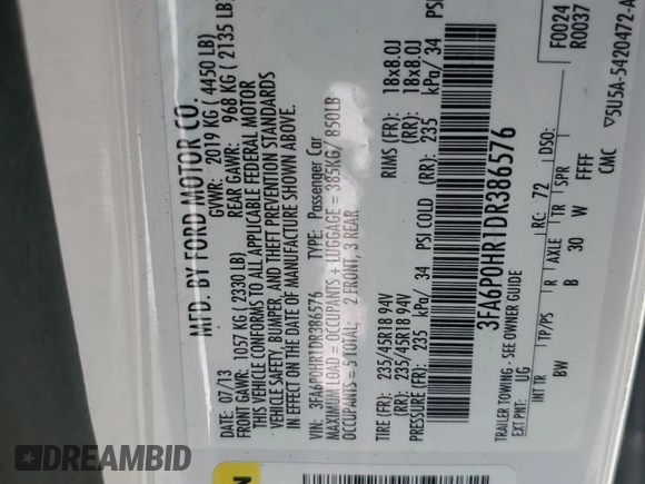 2013 Ford Fusion SE with VIN 3FA6P0HR1DR386576, listed as a Copart auction lot 51641215 with 136,072 mi miles and Salvage title. Bid and sale history available at DreamBid. Image 12.