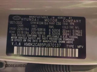 2023 Hyundai Kona SE with VIN KM8K2CAB5PU970137, listed as a IAAI auction lot 41493226 with 47,809 mi miles. Bid and sale history available at carsss.com. Image 9.