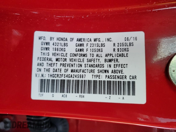 2016 Honda Accord Sport with VIN 1HGCR2F54GA245987, listed as a Copart auction lot 51755335 with 175,231 mi miles and Salvage Title. Bid and sale history available at DreamBid. Image 13.