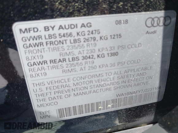 2018 Audi Q5 Premium Plus z VIN WA1BNAFY7J2231166, wystawiony jako IAAI lot #42048232 z przebiegiem 81 818 mil mil oraz . Historia ofert i sprzedaży dostępna na DreamBid. Obrazek 9.