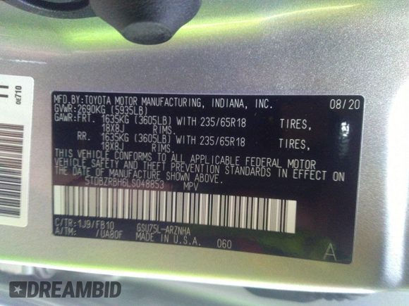 2020 Toyota Highlander LE with VIN 5TDBZRBH6LS048853, listed as a IAAI auction lot 30838868 with 2,013 mi miles and . Bid and sale history available at DreamBid. Image 9.
