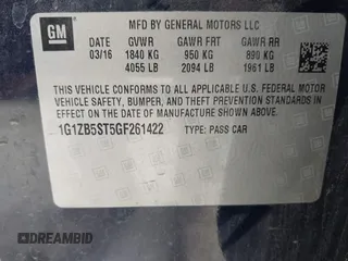 2016 Chevrolet Malibu LS with VIN 1G1ZB5ST5GF261422, listed as a IAAI auction lot 42662648 with 115,045 mi miles and . Bid and sale history available at DreamBid. Image 9.