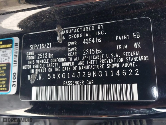 2022 Kia K5 LXS with VIN 5XXG14J29NG114622, listed as a IAAI auction lot 41577055 with 88,723 mi miles. Bid and sale history available at carsss.com. Image 9.