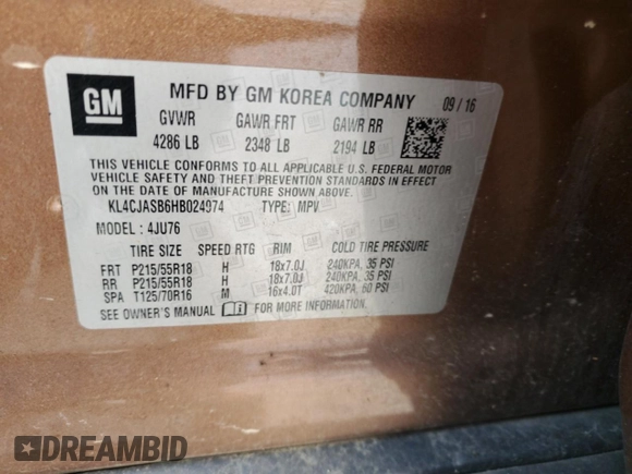 2017 Buick Encore Preferred z VIN KL4CJASB6HB024974, wystawiony jako Copart lot #58923265 z przebiegiem 109 203 mil mil oraz Nie do naprawy • Non repairable. Historia ofert i sprzedaży dostępna na DreamBid. Obrazek 14.