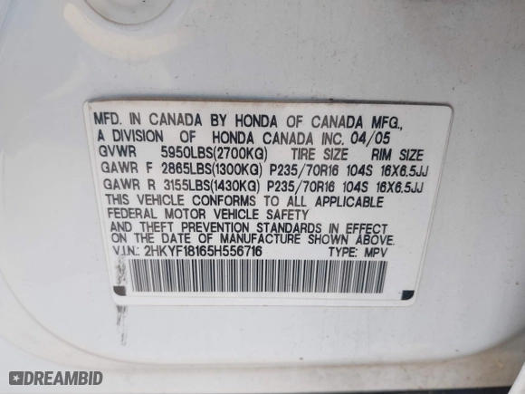 2005 Honda Pilot LX with VIN 2HKYF18165H556716, listed as a IAAI auction lot 41705657 with 177,100 mi miles. Bid and sale history available at carsss.com. Image 9.