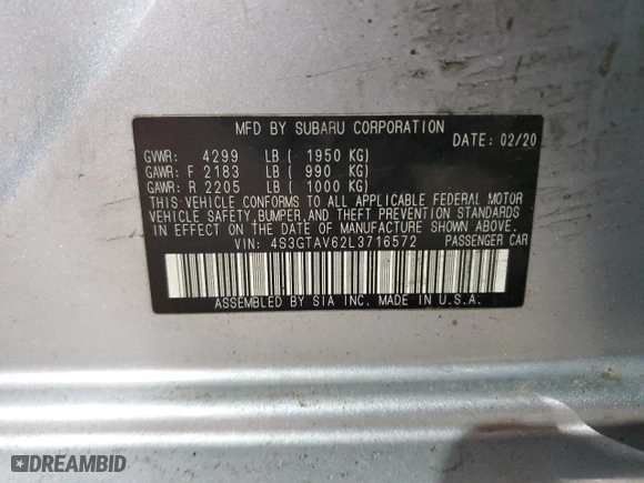 2020 Subaru Impreza Premium with VIN 4S3GTAV62L3716572, listed as a Copart auction lot 43205965 with 0 mi miles and Salvage Title. Bid and sale history available at carsss.com. Image 13.