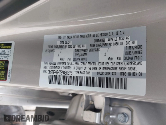 2025 Mazda 3 S Select Sport with VIN 3MZBPABM7SM450378, listed as a IAAI auction lot 41559969 with 6,270 mi miles and . Bid and sale history available at DreamBid. Image 9.
