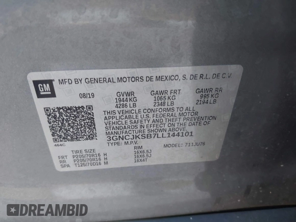 2020 Chevrolet Trax LS z VIN 3GNCJKSB7LL144101, wystawiony jako IAAI lot #38708852 z przebiegiem 44 644 mil mil oraz . Historia ofert i sprzedaży dostępna na DreamBid. Obrazek 9.