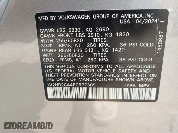 2024 Volkswagen Atlas SE with VIN 1V2HR2CA4RC577309, listed as a IAAI auction lot 42107825 with 25,694 mi miles and . Bid and sale history available at DreamBid. Image 9.