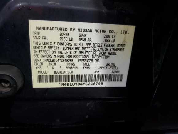 2000 Nissan Altima XE with VIN 1N4DL01D4YC246799, listed as a Copart auction lot 70599524 with 122,770 mi miles and Non Repairable. Bid and sale history available at carsss.com. Image 12.