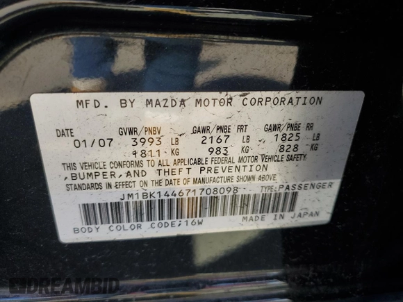 2007 Mazda 3 S Sport with VIN JM1BK144671708098, listed as a Copart auction lot 46688725 with 143,968 mi miles and Salvage Title. Bid and sale history available at DreamBid. Image 12.