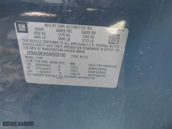 2010 Chevrolet Equinox LT w/1LT with VIN 2CNALDEW0A6353195, listed as a IAAI auction lot 41833815 with 127,836 mi miles. Bid and sale history available at carsss.com. Image 9.