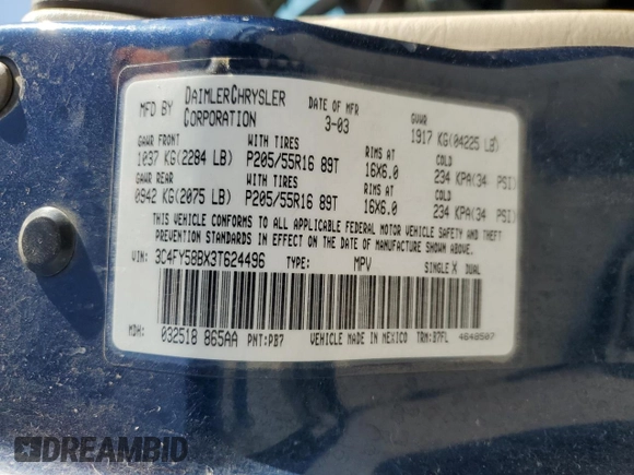 2003 Chrysler PT Cruiser Touring with VIN 3C4FY58BX3T624496, listed as a Copart auction lot 52971055 with 128,608 mi miles and Salvage Title. Bid and sale history available at carsss.com. Image 12.
