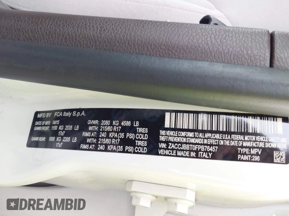 2015 Jeep Renegade Latitude with VIN ZACCJBBT0FPB76457, listed as a IAAI auction lot 42172296 with 75,568 mi miles and . Bid and sale history available at DreamBid. Image 9.