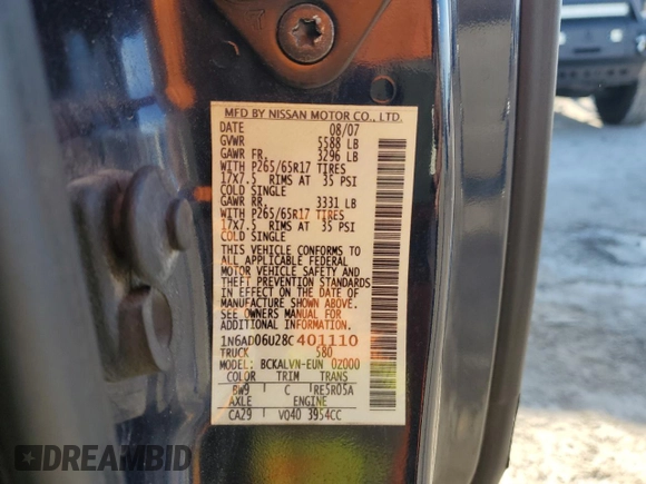 2008 Nissan Frontier SE with VIN 1N6AD06U28C401110, listed as a Copart auction lot 88165185 with 263,276 mi miles and Salvage title. Bid and sale history available at DreamBid. Image 14.