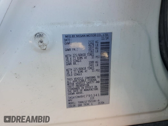 2015 Nissan Rogue SL z VIN 5N1AT2MV9FC795341, wystawiony jako Copart lot #57528965 z przebiegiem 108 303 mil mil oraz Szkoda całkowita • Salvage title. Historia ofert i sprzedaży dostępna na DreamBid. Obrazek 13.
