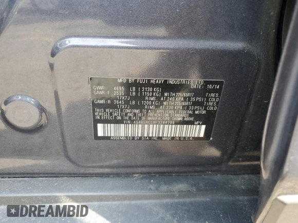 2015 Subaru Outback Premium with VIN 4S4BSACC8F3244299, listed as a Copart auction lot 63064035 with 103,046 mi miles and Salvage title. Bid and sale history available at DreamBid. Image 12.
