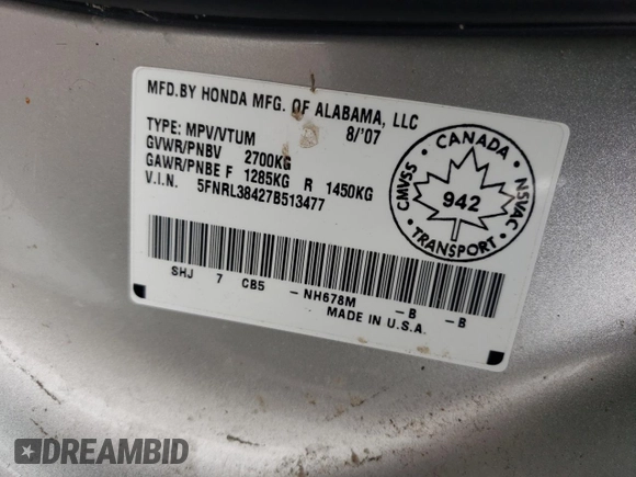 2007 Honda Odyssey EX with VIN 5FNRL38427B513477, listed as a Copart auction lot 62457695 with 216,977 mi miles and Salvage title. Bid and sale history available at DreamBid. Image 14.
