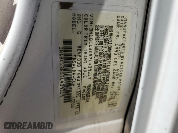 2007 Nissan Versa 1.8 S with VIN 3N1BC13E57L439319, listed as a Copart auction lot 72720894 with 103,738 mi miles and Salvage Title. Bid and sale history available at carsss.com. Image 12.