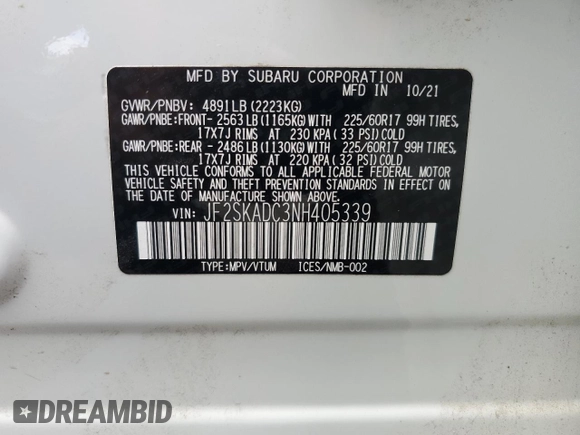 2022 Subaru Forester Premium z VIN JF2SKADC3NH405339, wystawiony jako Copart lot #55723705 z przebiegiem 12 990 mil mil oraz Szkoda całkowita • Salvage title. Historia ofert i sprzedaży dostępna na DreamBid. Obrazek 12.