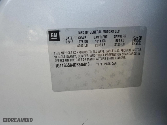 2013 Chevrolet Malibu LS with VIN 1G11B5SA4DF345013, listed as a Copart auction lot 50880585 with 105,175 mi miles and Salvage Title. Bid and sale history available at carsss.com. Image 12.