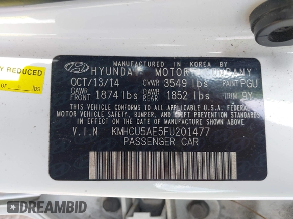 2015 Hyundai Accent Sport with VIN KMHCU5AE5FU201477, listed as a IAAI auction lot 41529347 with 189,774 mi miles. Bid and sale history available at carsss.com. Image 9.