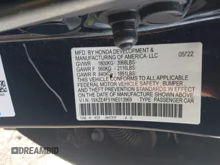 2022 Honda Insight EX with VIN 19XZE4F51NE013969, listed as a IAAI auction lot 41763418 with 90,385 mi miles and . Bid and sale history available at carsss.com. Image 9.