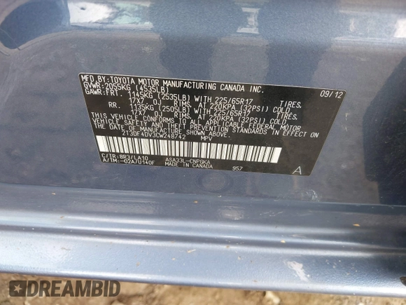 2012 Toyota RAV4 Limited with VIN 2T3DF4DV3CW248742, listed as a IAAI auction lot 42710092 with 112,745 mi miles and . Bid and sale history available at DreamBid. Image 9.
