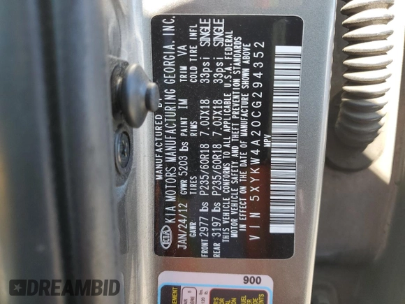 2012 Kia Sorento SX with VIN 5XYKW4A20CG294352, listed as a Copart auction lot 47394275 with 97,197 mi miles and Salvage Title. Bid and sale history available at carsss.com. Image 12.