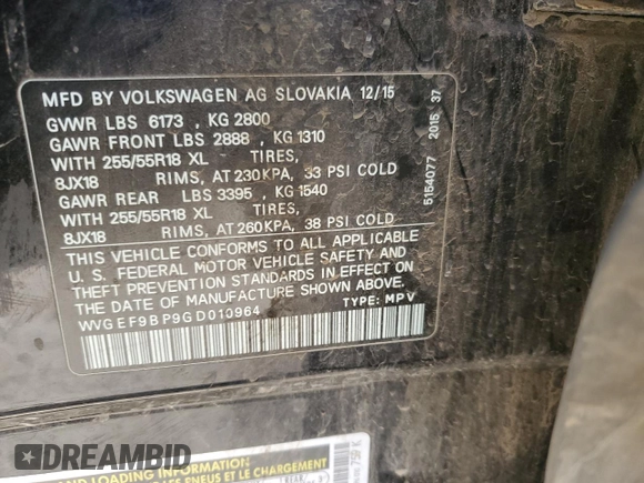 2016 Volkswagen Touareg Sport with VIN WVGEF9BP9GD010964, listed as a Copart auction lot 85800844 with 157,563 mi miles and Salvage Title. Bid and sale history available at DreamBid. Image 15.