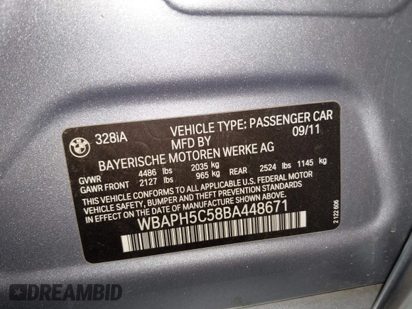 2011 BMW 3 Series 328i z VIN WBAPH5C58BA448671, wystawiony jako IAAI lot #42337923 z przebiegiem 121 888 mil mil oraz . Historia ofert i sprzedaży dostępna na DreamBid. Obrazek 9.
