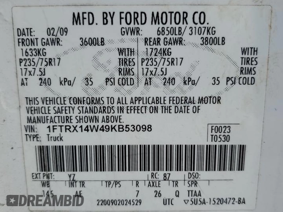 2009 Ford F-150 STX with VIN 1FTRX14W49KB53098, listed as a Copart auction lot 45272615 with 300,694 mi miles and Clean Title. Bid and sale history available at carsss.com. Image 12.
