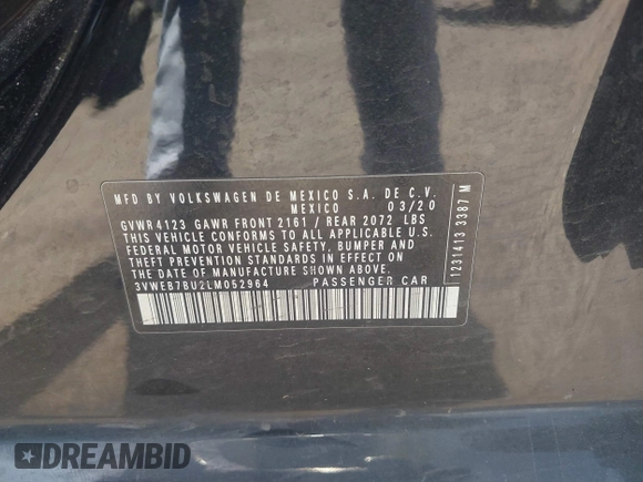 2020 Volkswagen Jetta SEL z VIN 3VWEB7BU2LM052964, wystawiony jako IAAI lot #42316780 z przebiegiem 79 929 mil mil oraz . Historia ofert i sprzedaży dostępna na DreamBid. Obrazek 9.