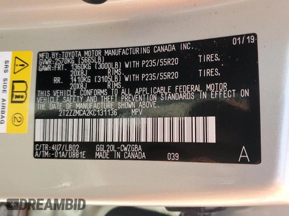 2019 Lexus RX 350 z VIN 2T2ZZMCA2KC131136, wystawiony jako Copart lot #55917285 z przebiegiem 60 384 mil mil oraz Nie do naprawy • Non repairable. Historia ofert i sprzedaży dostępna na DreamBid. Obrazek 14.