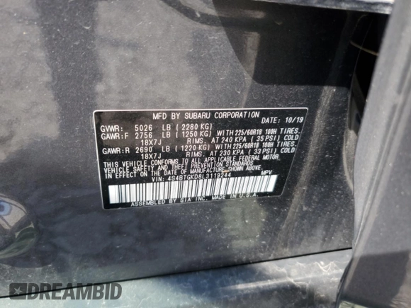 2020 Subaru Outback Onyx XT with VIN 4S4BTGKD8L3119244, listed as a Copart auction lot 56528955 with 80,584 mi miles and Salvage title. Bid and sale history available at DreamBid. Image 13.