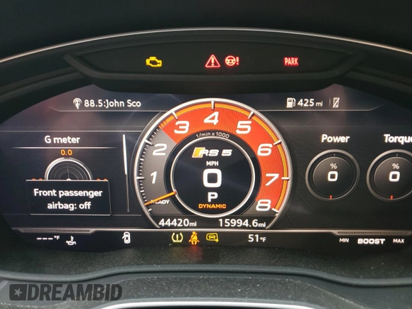 2019 Audi RS 5 Sportback z VIN WUABWCF54KA901920, wystawiony jako Copart lot #47915394 z przebiegiem 44 420 mil mil oraz . Historia ofert i sprzedaży dostępna na DreamBid. Obrazek 9.