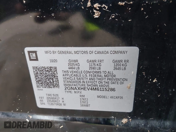 2021 Chevrolet Equinox LS z VIN 2GNAXHEV4M6115286, wystawiony jako IAAI lot #42106163 z przebiegiem Nie podano mil oraz . Historia ofert i sprzedaży dostępna na DreamBid. Obrazek 9.